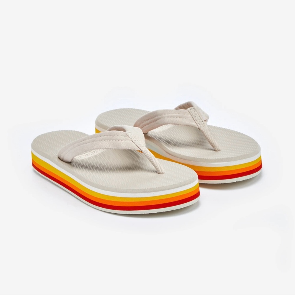Platform Flip-Flop Sandals in Beige with Rainbow Stripe Sole